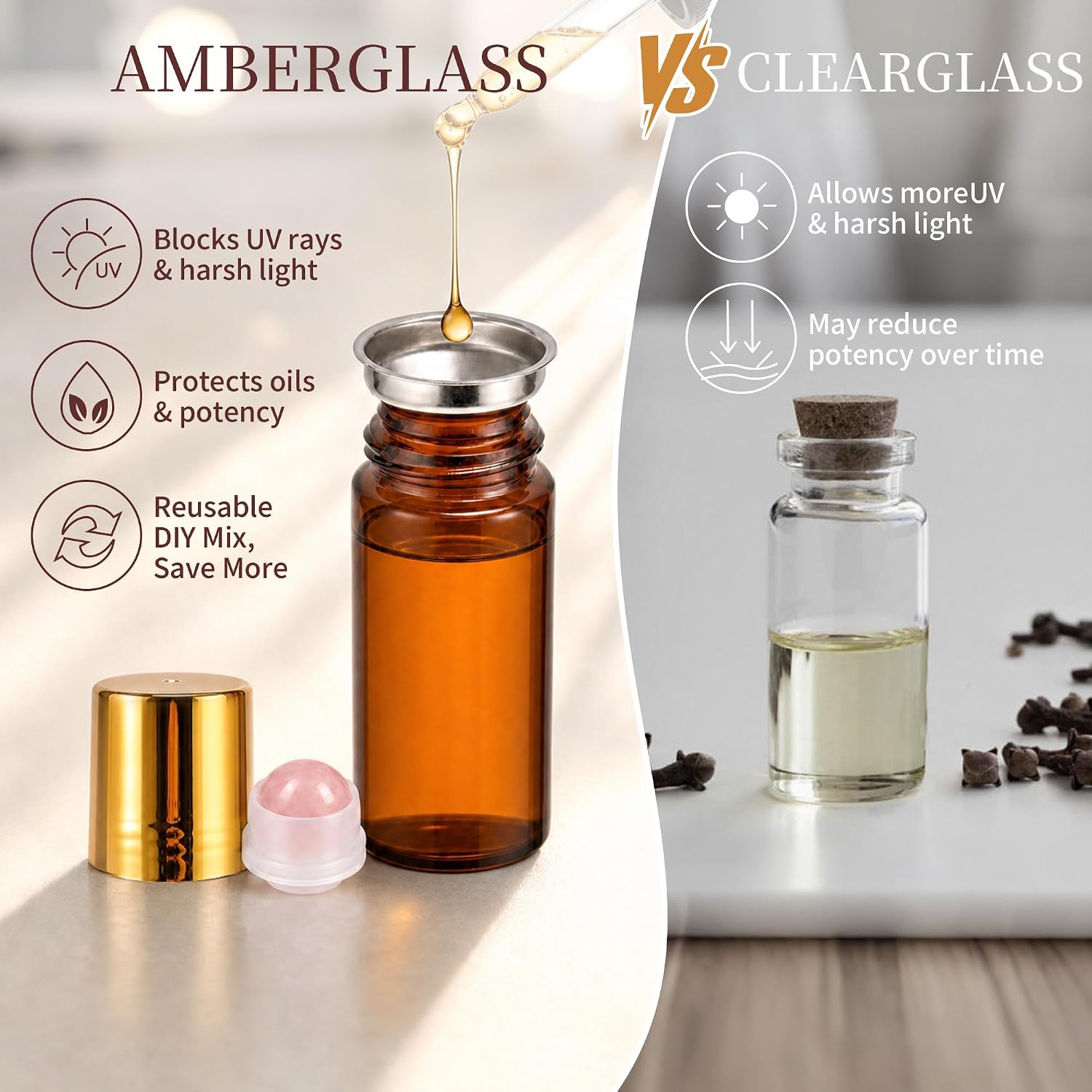Roller Ball Applicator,Rose Quartz Roller Ball Bottle,50ml Refillable Amber Glass Roll On Bottles with Natural Crystal Roller Balls,Suitable for Essential Oils (Pink)