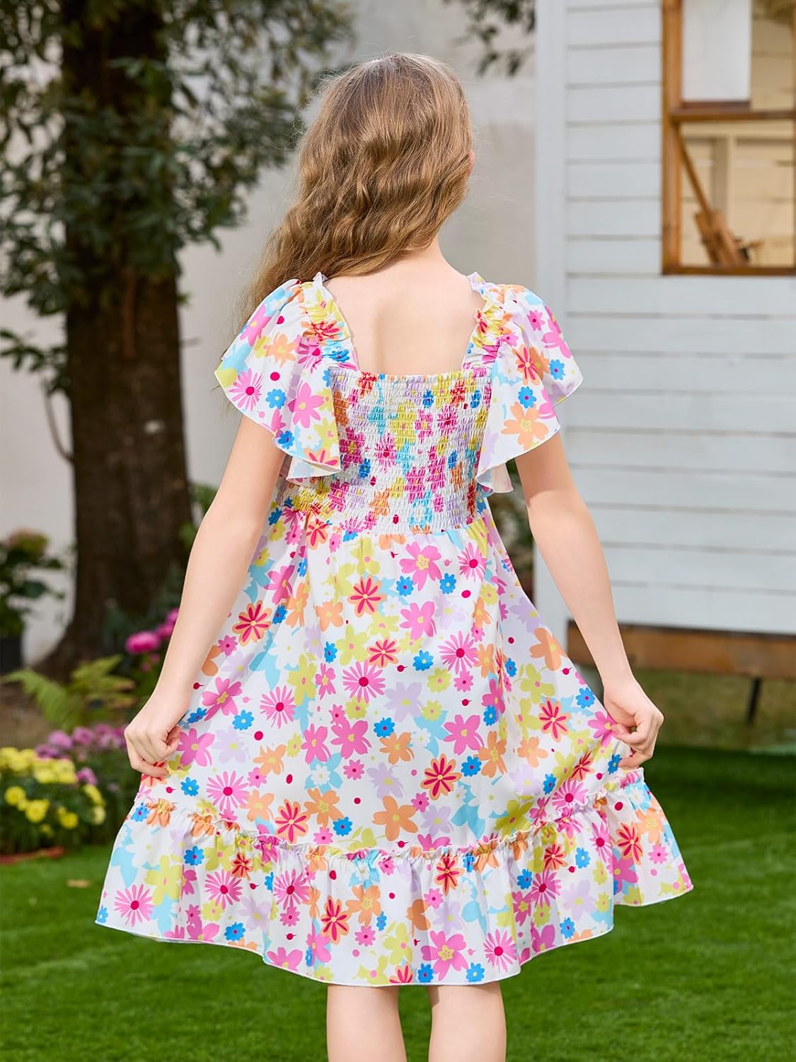 Haloumoning Girls Floral Summer Dress Kids Boho Ruffle Short Sleeve Square Neck Smocked Midi Dresses 5-14 Years - Image 5