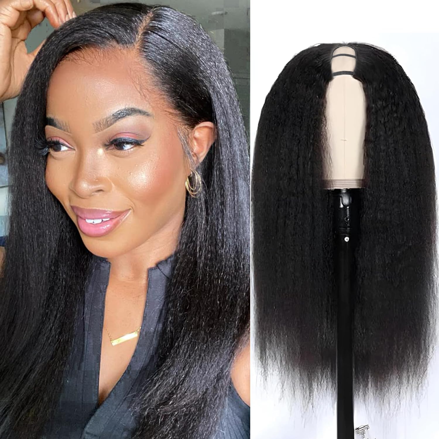 Ainmeys Kinky Straight U Part Wigs 200% Brazilian Yaki Straight Upgrade U Shape Human hair Wigs With Drawstring for Women No leave out wear and go Glueless Clip In Half Wigs (14IN)