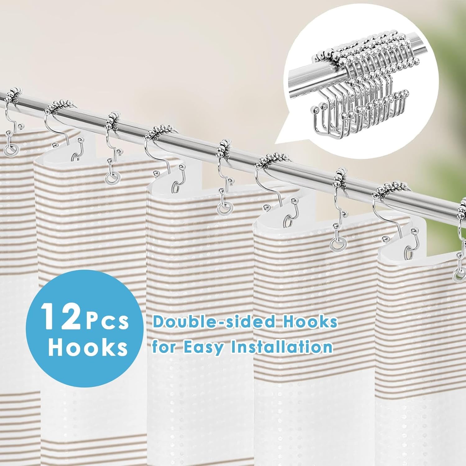 Shower Curtain and Liner, Beige Striped 3 in 1 Shower Curtain and PEVA Liner Set with 12 Rust-Resistant Metal Hooks, Waterproof Fabric Shower Curtains for Bathroom, 72 W x 72 H