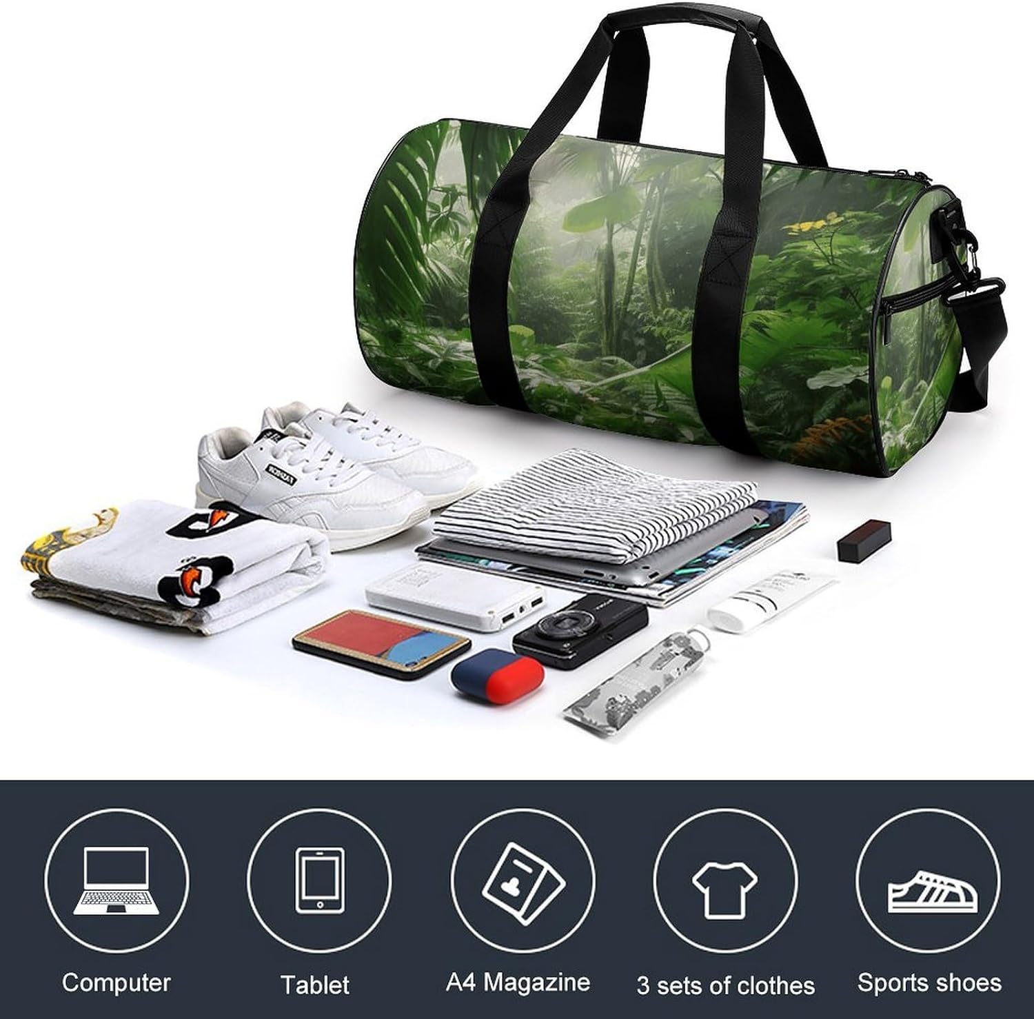 Tropical Rainforest Gym Bag Hand-held Fitness Bags Cylindrical Fitness Bag with Shoe Large Compartment Duffle Bags for Travel Sports Unisex image 4