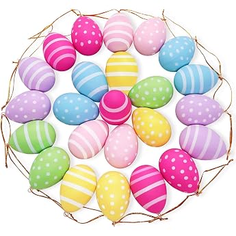 Pack of 24 Easter Eggs for Hanging Outdoor with Ribbon Easter Eggs Plastic with Dots and Stripes for Easter Decoration Size 6 cm 5 Colours - Pink Blue Green Rose Red Yellow