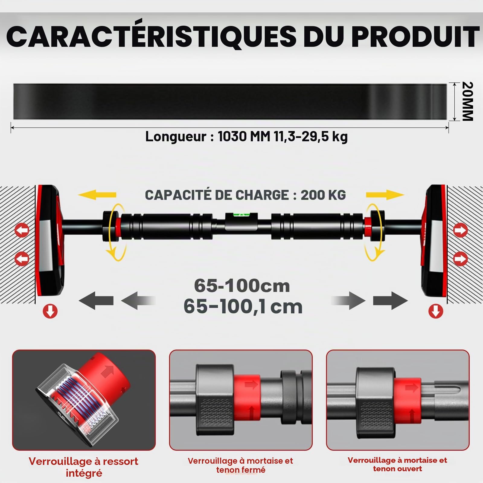 Barre de traction pour cadre de porte - Installation sans vis, réglable de 76-100cm, charge maximale 200kg - Barre de traction et de poussée multifonctionnelle pour gym à domicile et fitness
