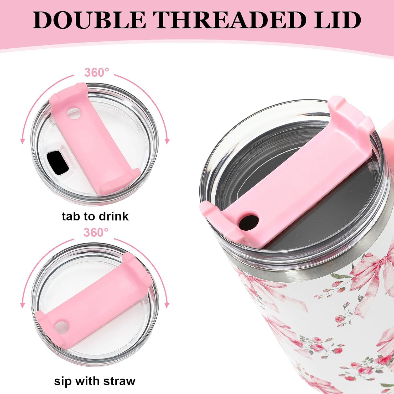 JarThenaAMCS 40oz Valentine Coquette Pink Bow Tumbler with Handle Lid and Straw Watercolor Floral Bowknot Tumbler Pink White Flower Stainless Steel Cup for Women Friend Holiday Birthday Travel - Image 3