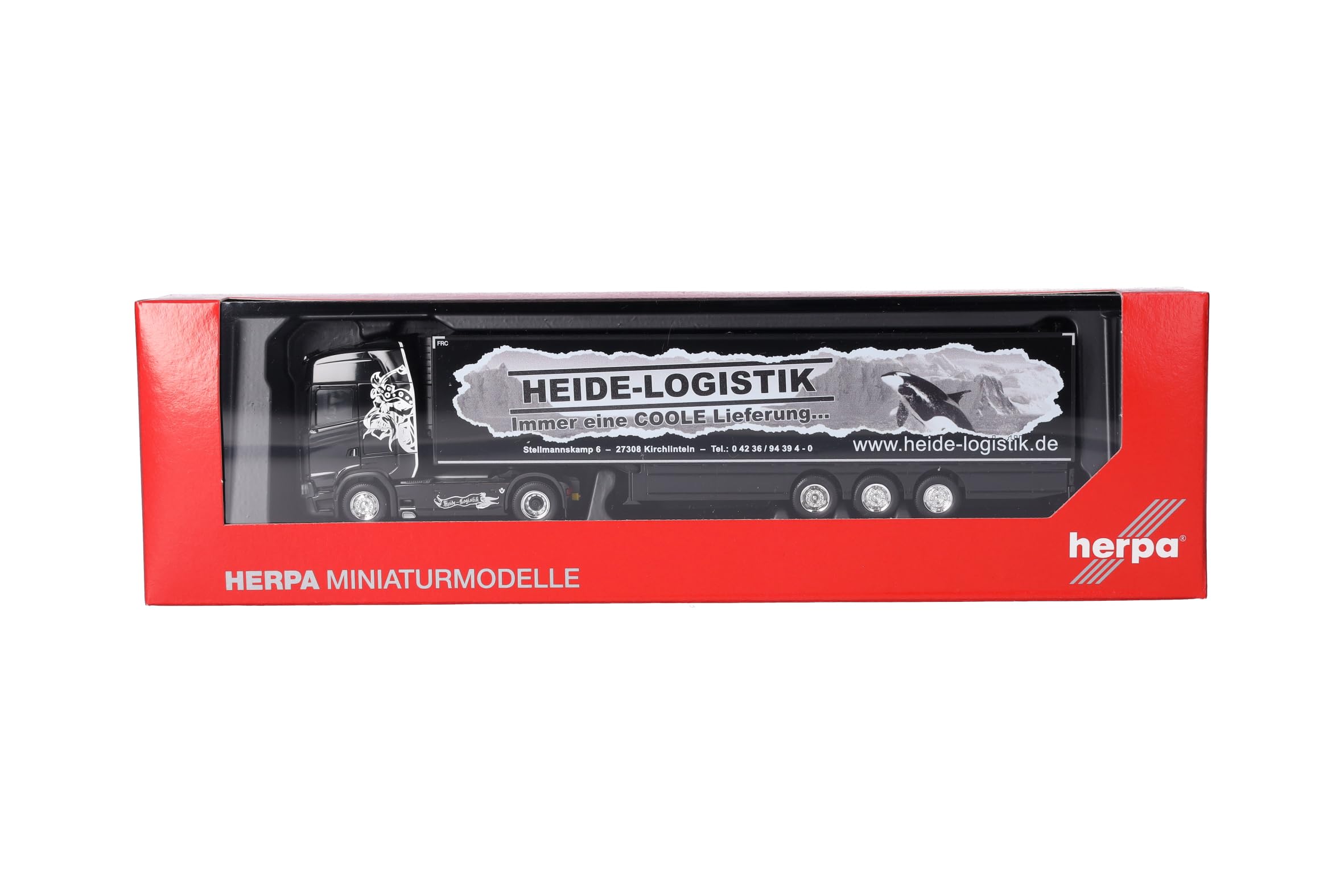 Herpa Model ciężarówki Scania CS 20 HD naczepa chłodnia "Heide Logistik", miniatura w skali 1:87, kolekcjonerski, Made in Germany, plastik