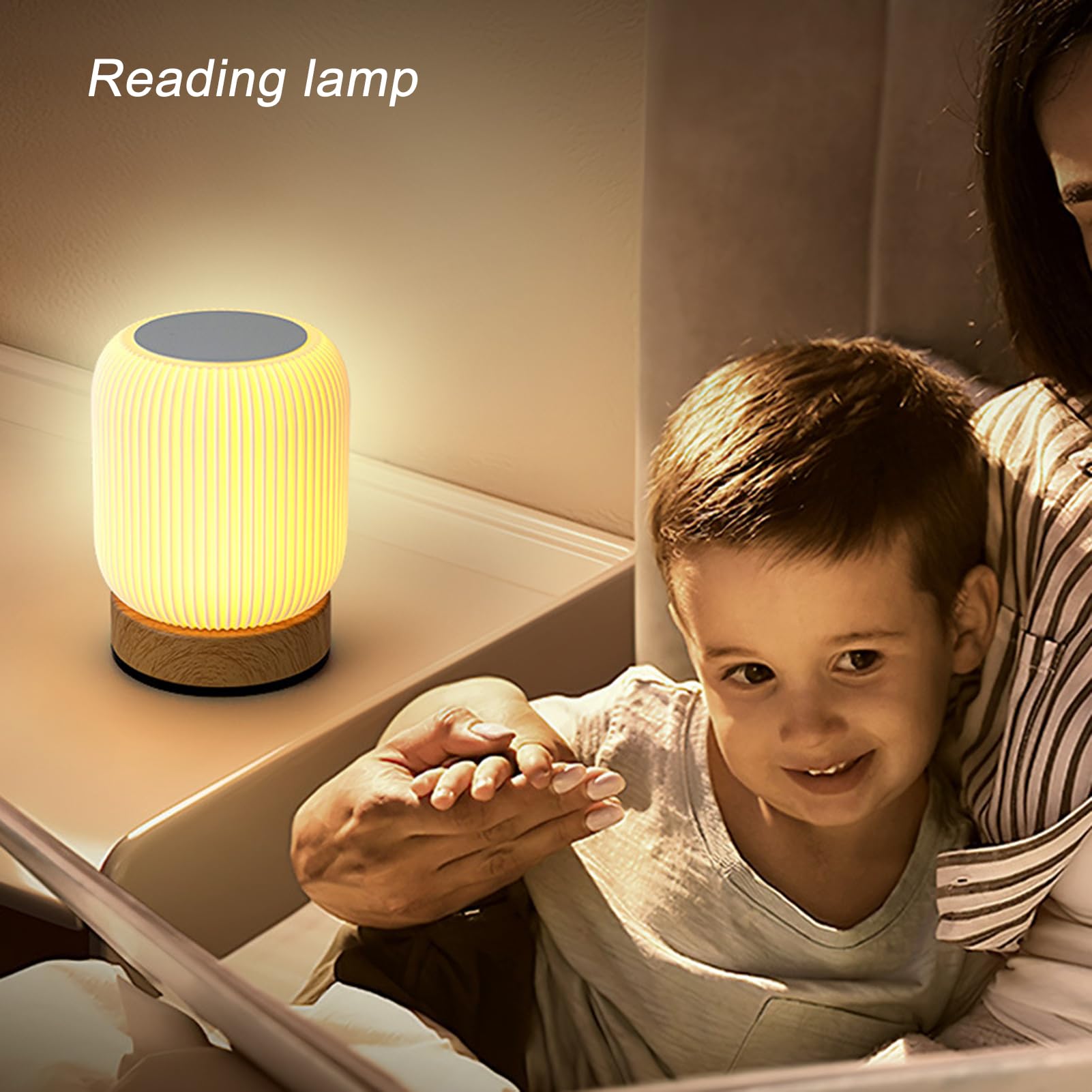 Wood Grain Touch Night Light – Portable Rechargeable LED Bedside Lamp With 3W Warm Glow, RGB Ambient Light, Indoor/Outdoor Use (15x11x11cm)