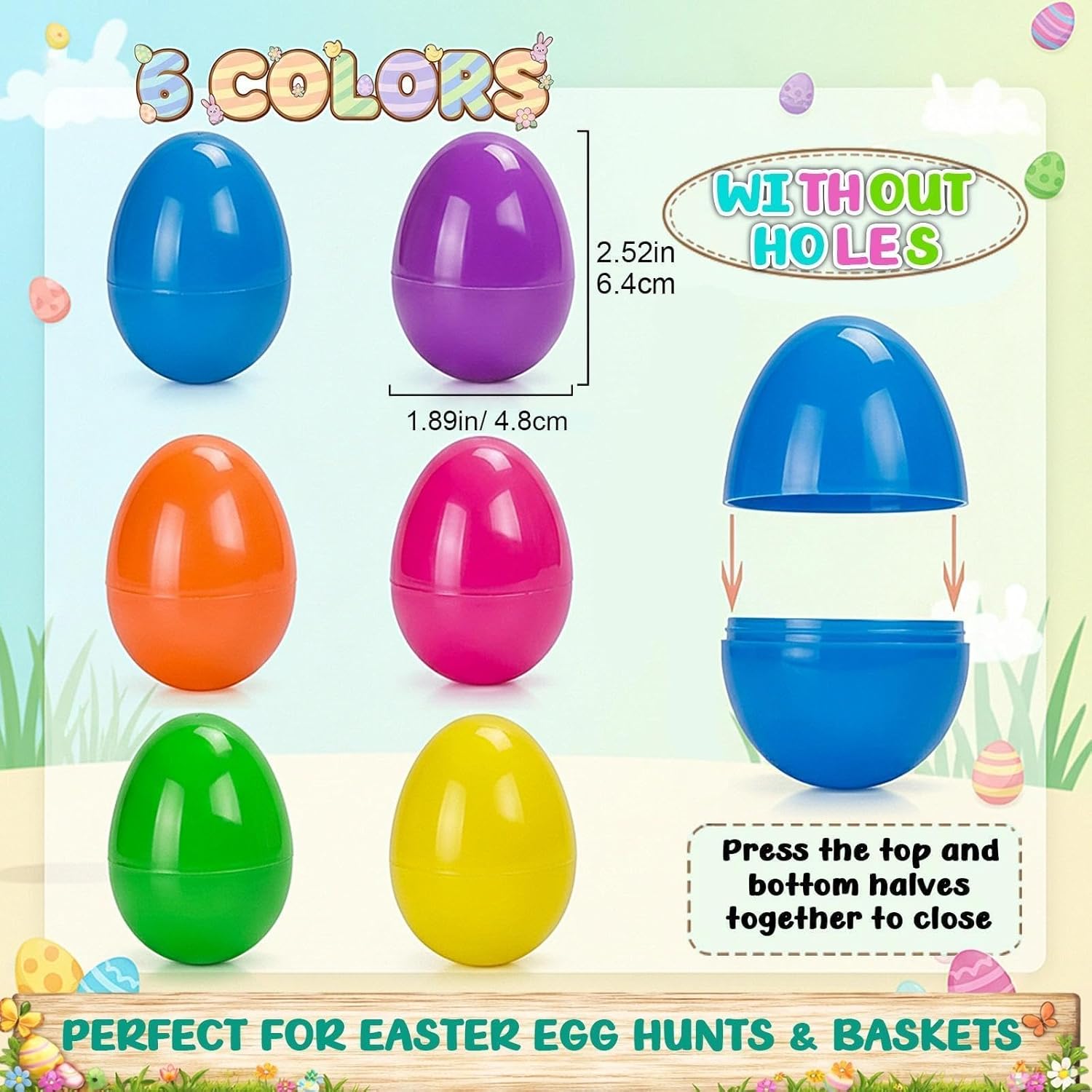 50 PCS 2.52" Easter Eggs Plastic, Plastic Easter Eggs Fillable, 6 Color for Party Hunt Games
