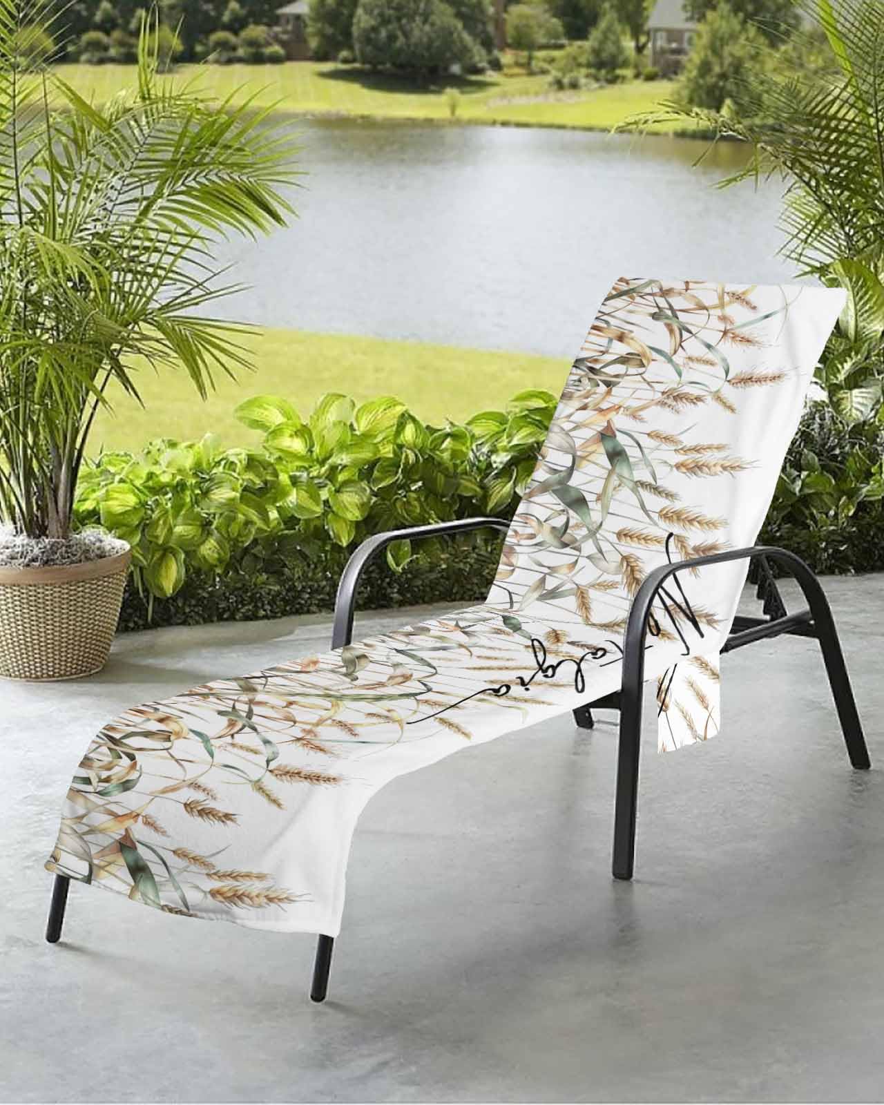 Beach Pool Patio Lounge Chaise Chair Cover Towel with Pockets, Wheat Absorbent & Quick Dry Microfiber Towel Cover Bag Summer Travel Accessories for Sunbathing Summer Fall Botanical Plant Farm Crops