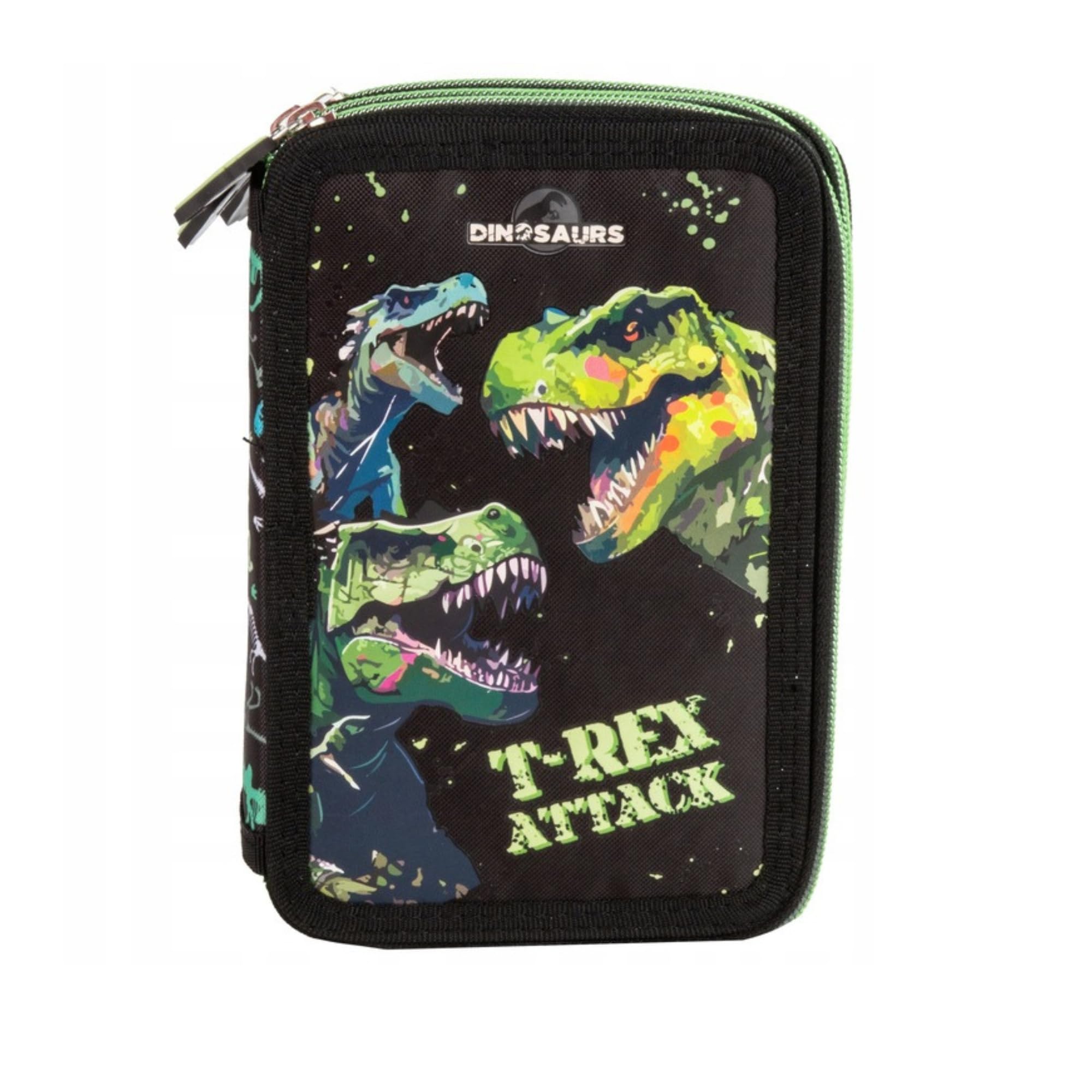 Goldkids - Federmäppchen 3 Fächer - Mäppchen für Mädchen und Jungen - Federmappe 3-Fach Federtasche Gefüllte Schüleretui Schulmäppchen und Hausaufgabenheft - Dinosaurier Motiv
