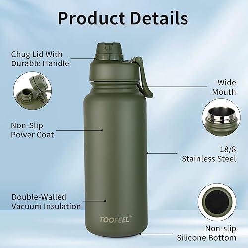 Miniatura 5 de Toofeel Botella de agua aislada de 32 onzas, frasco de vacío de acero inoxidable con tapa de PP de doble capa, botella de agua fría a prueba de