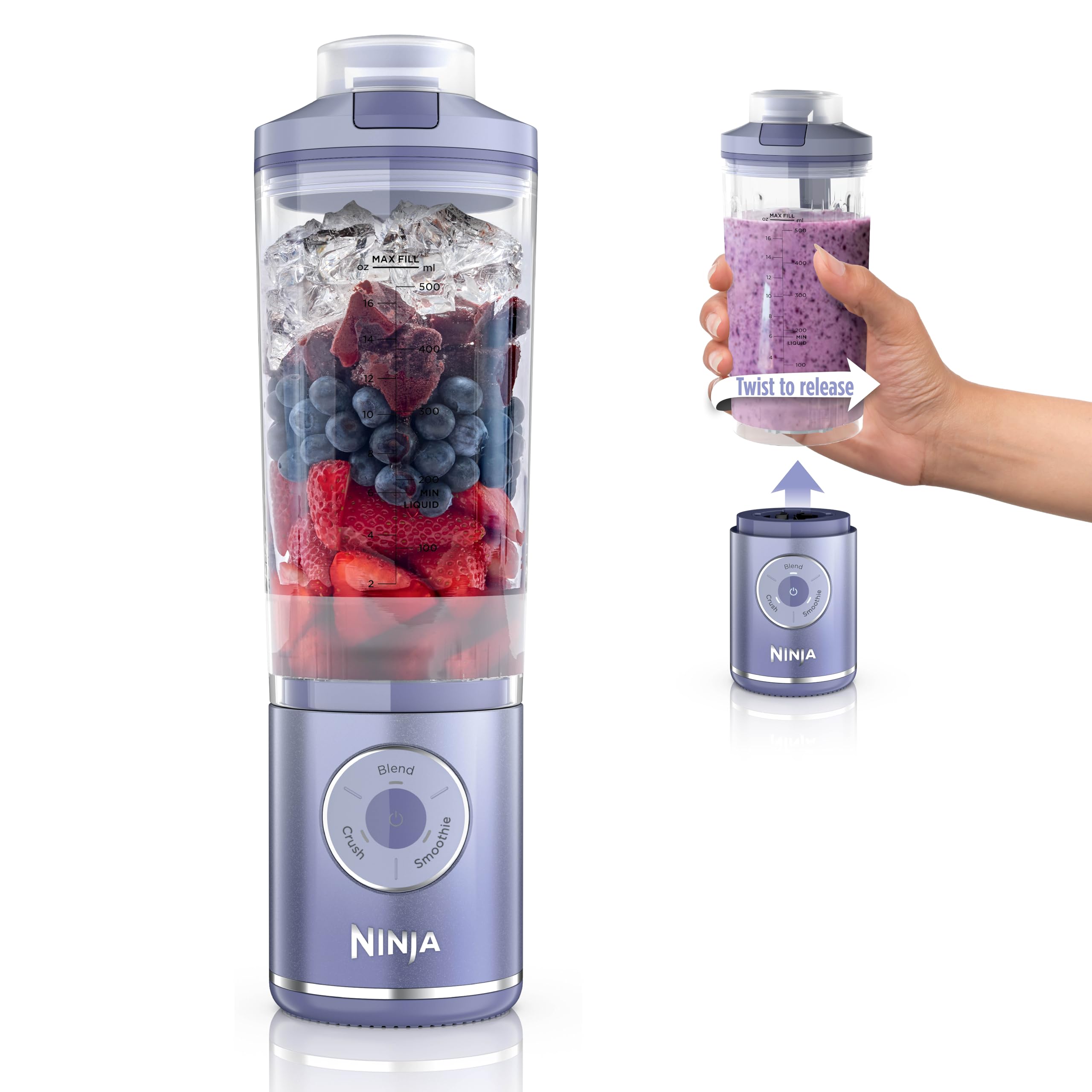 Ninja Blast Max, Portable Blender + Twist & Go, Personal Blender, Ninja Blender, Smoothie, Blend, Ice Crush, 3 Programs, Cordless, 22 oz removable Vessel, Dishwasher Safe, Leakproof, Lavender, BC251LD