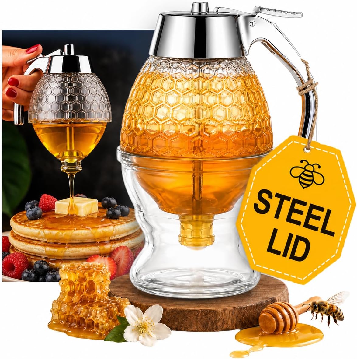 Glass Honey Dispenser with Stainless Steel Top | Bee-Themed Glass Honey Jar