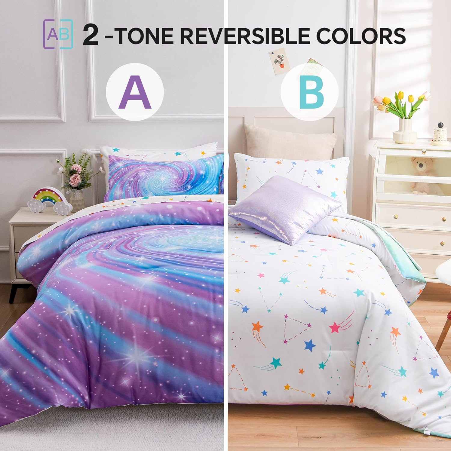 Btargot Super Soft 6 Pieces Gradient Star Ring Comforter Set, Colorful Glitter Rainbow Star Pattern Bedding Set for Boys Girls Teens, Twin Purple - Image 2