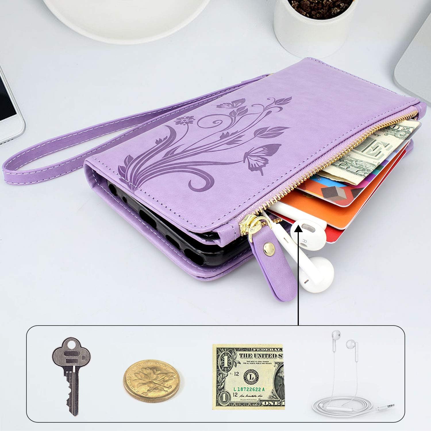 Lacass Premium Leather Flip Zipper Wallet Case Cover Stand Feature with Card Holder and Wrist Strap for LG Stylo 5 / Stylo 5 Plus/Stylo 5V / Stylo 5X(Floral Light Purple)