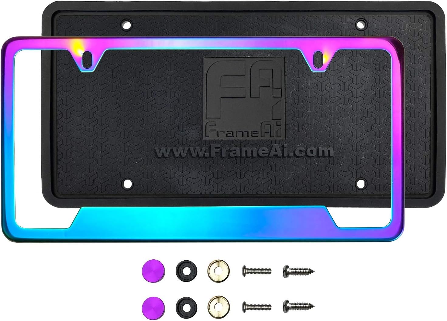 Silicone Back Guard Bottom Cut Out License Plate Holder Neon Neo Chrome Mirror License Plate Frame T304 Stainless Steel + Metal Screw Caps