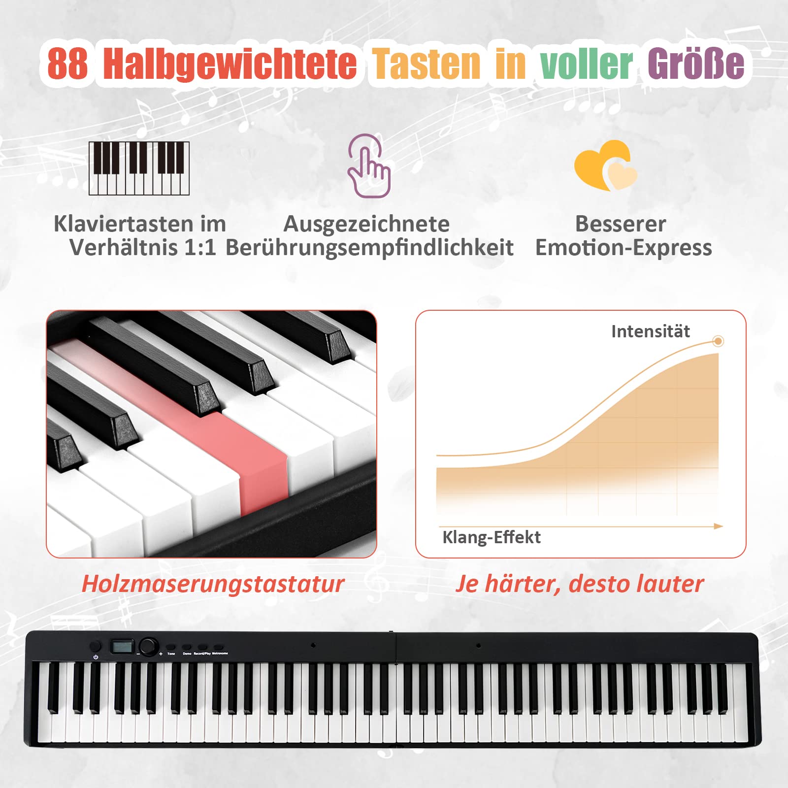 DREAMADE 88 Tastatur Keyboard mit Notenständer, Pedal, LCD-Display & LED-Licht Lehrfunktion, Klappbar & Tragbar E-Piano für Kinder und Anfänger (Schwarz)