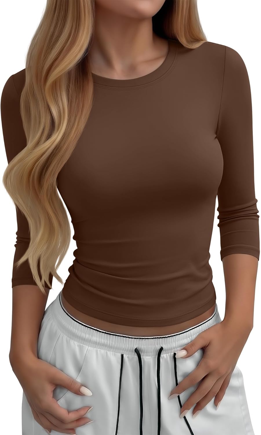 Neer Women's Workout Tops 3/4 Sleeve Compression Shirt Athletic Gym T-Shirt Yoga Running Fitted Crew Neck Basic Tee