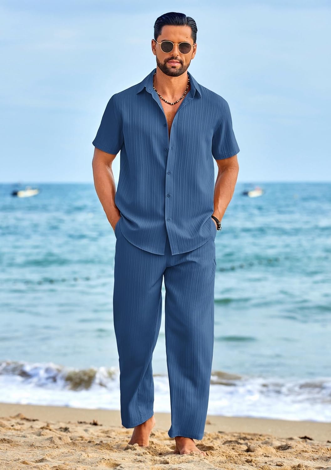 COOFANDY Mens 2 Piece Outfits Casual Summer Beach Textured Button Down Shirt Loose Pants Set - Image 2