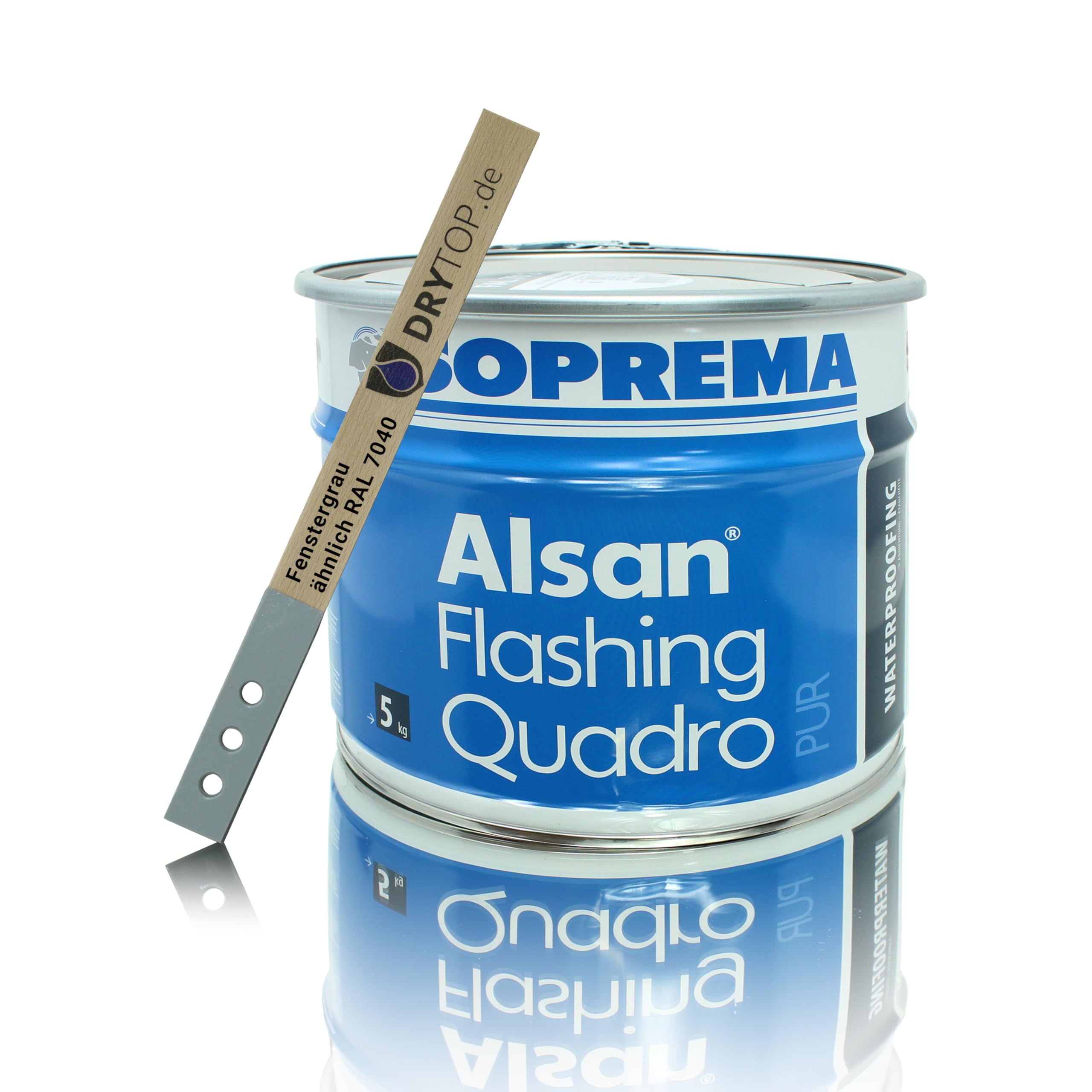 ALSAN Flashing Quadro - PROFI PACK - Komplettset | 5,0 kg Flüssigkunststoff | 1 Rolle Alsan Vlies | 1 Paar Handschuhe | 1 Rührholz | 1 Farbwalze | Verlegeanleitung | Farbe RAL 7040 - fenstergrau