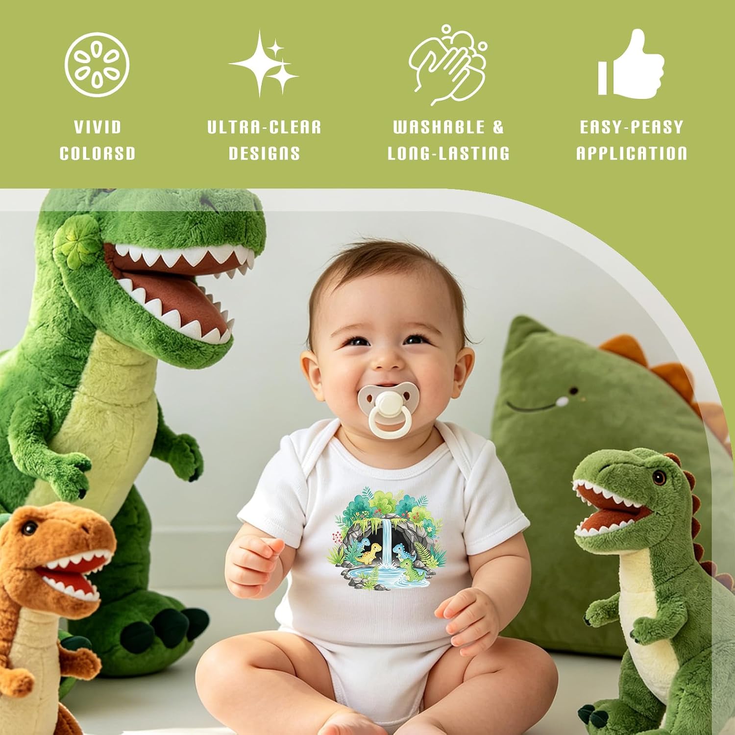 Dazoratix Iron on Baby Onesie Decals - 36 Sheets Cute Dinosaur Baby Shower DTF Transfers Ready to Press Decorating Kit Cartoon Heat Patches Vinyl Sticker for Bodysuit Bibs T-Shirts Clothing DIY Crafts