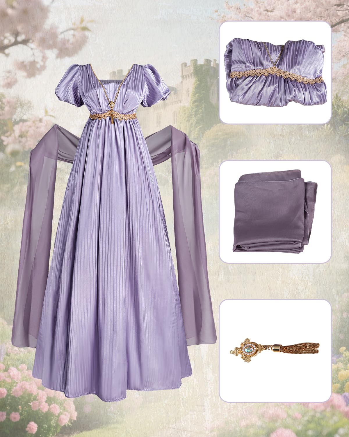 CR ROLECOS Regency Jane Austen - Abito da donna a vita alta, stile vintage con sciarpa, per feste di gala