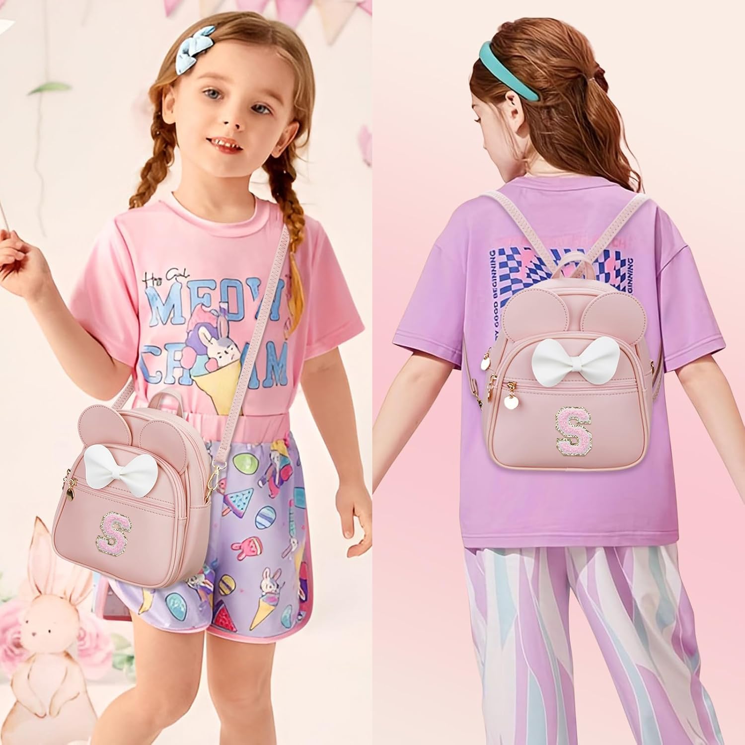 KKXIU Girls Initial Bowknot Cute Mini Backpack for Toddler, Travel Small Girl Backpacks, Personalized Birthday Gifts for Little Girls and Kids(S, Pink) - Image 3