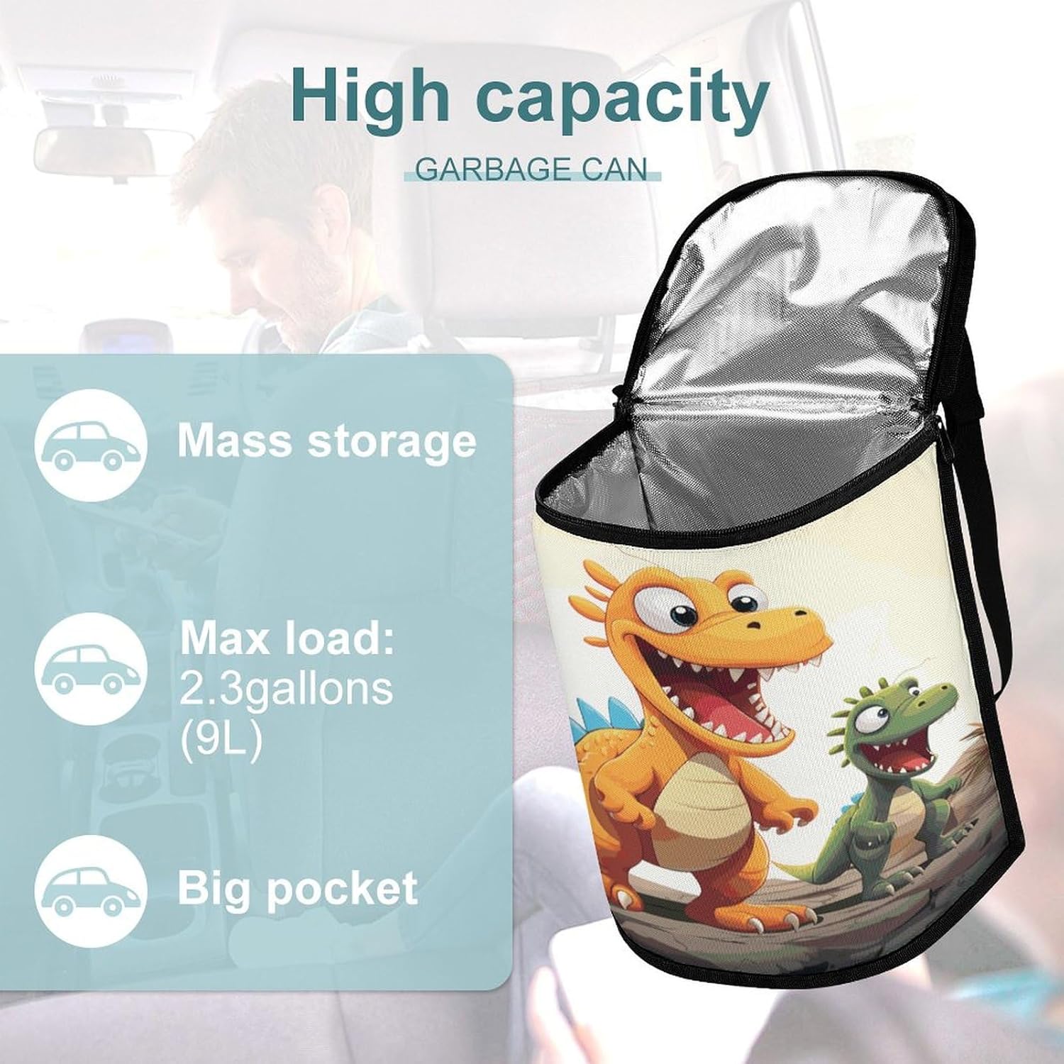 Hanging Car Trash Bag Cartoon Dinosaur Images Printed Car Garbage Storage Bag Leakproof Car Trash Can Portable Garbage Storage Bags