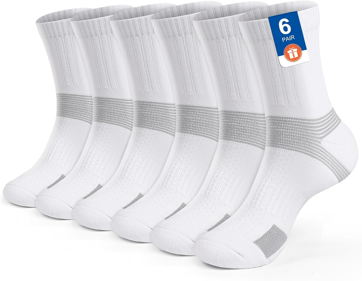 Cushioned Crew Socks for Men Women Reinforced Athletic Training 6 pack | Ankle supports, Wide cuff, Compression, Breathable, Moisture wiking, Durable for Tennis Gym Basketball Running Hiking