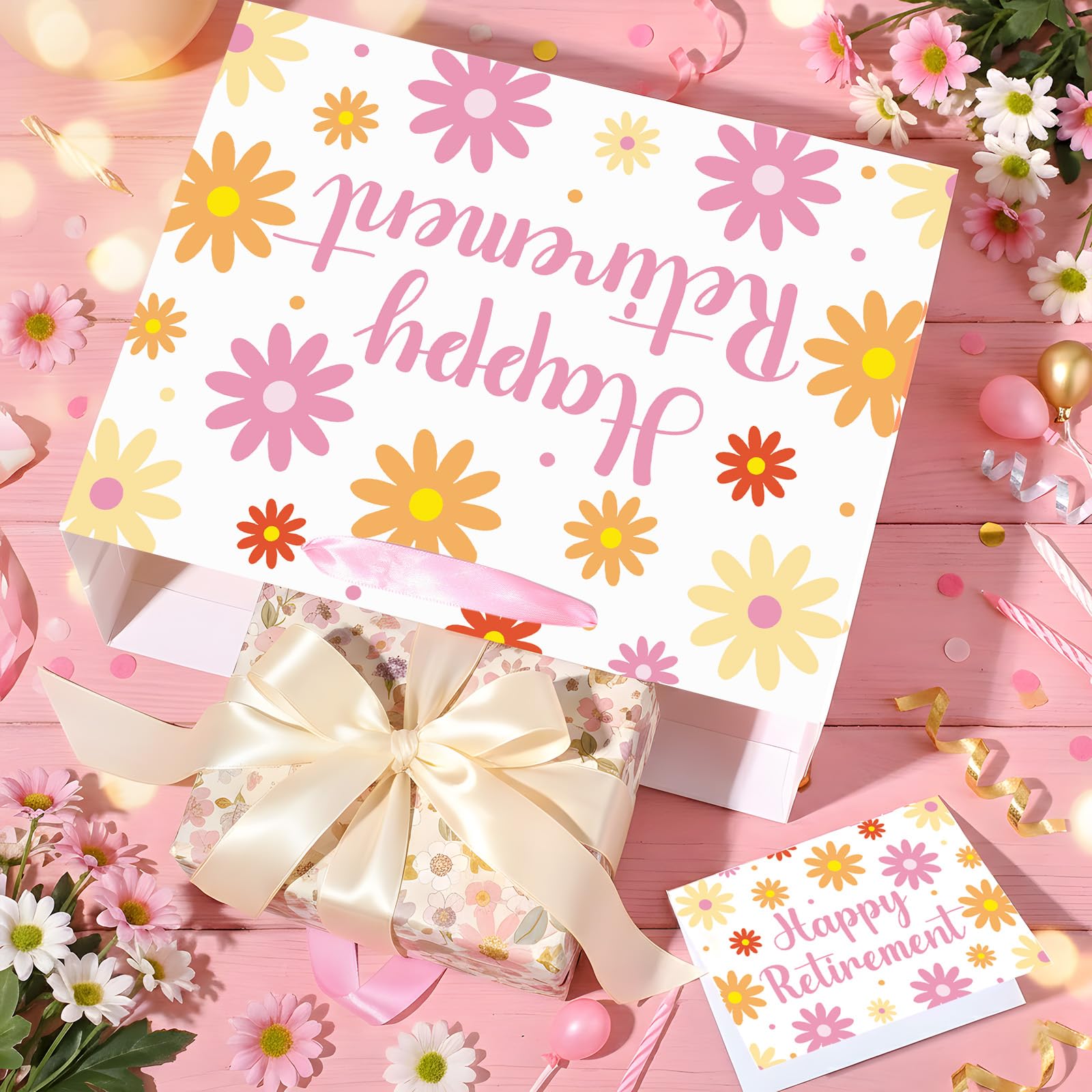 MOORIIY Happy Retirement Gift Bag for Women, Boho Daisy Retirement Wrapping Paper Bag with Tissue Paper and Card Floral Retired Gifts for Women Farewell Going Away Party Decorations Supplies