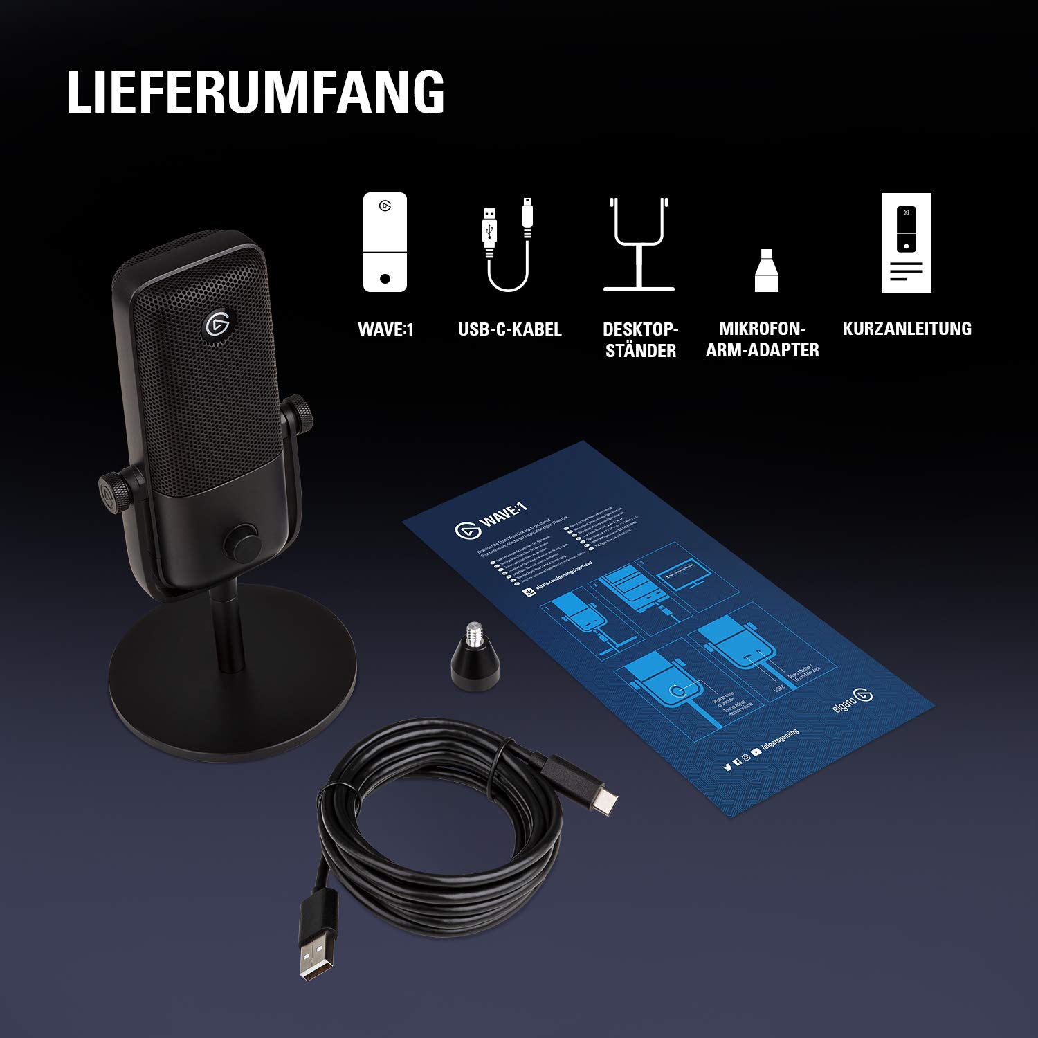 Elgato Wave:1 - Professionelles USB-Kondensatormikrofon für Streaming, Gaming, Homeoffice, gratis Mixing-Software, Soundeffekt-Plugins, Anti-Verzerrung, Plug & Play, Mac/PC, kompatibel mit Stream Deck