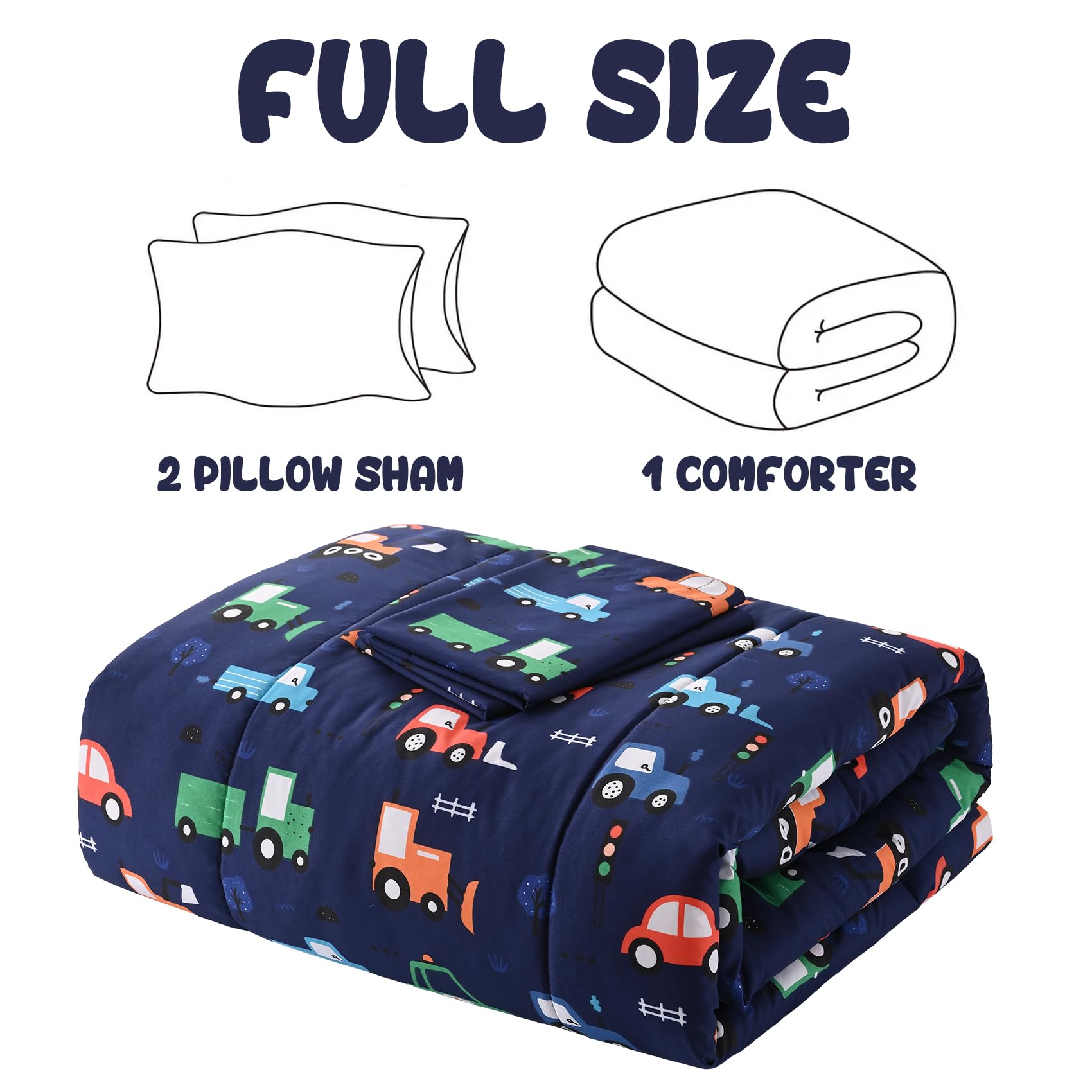 Car Kids Comforter Set for Boys Full Size, Cute Reversible Quilted Navy Blue Printed Construction Toddler Bedding Set with Pillow Sham, Lightweight Soft Breathable Machine Washable Bed Set 3 Piece