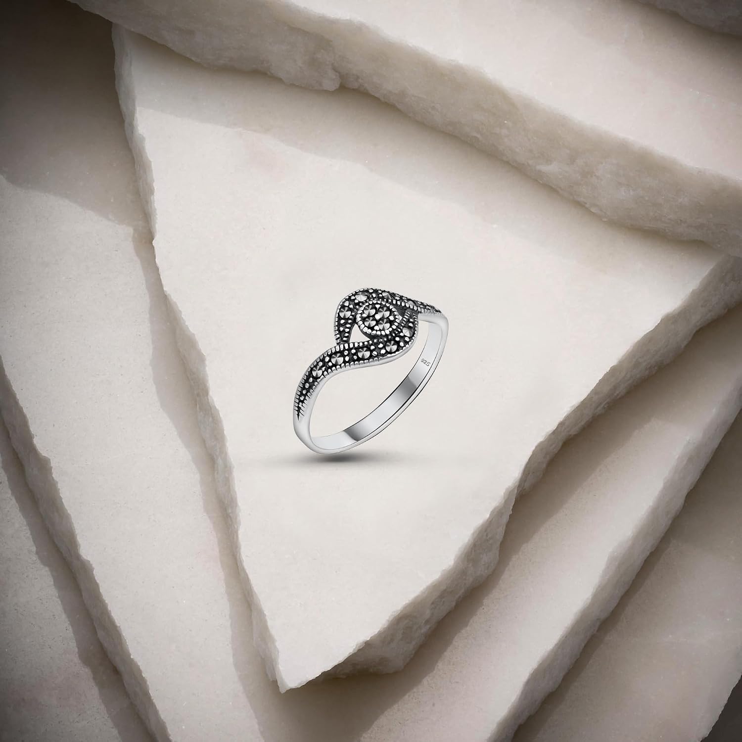 Genuine Solid 925 Sterling Silver Marcasite Women's Moon and Star Oxidized Stacking Band Ring