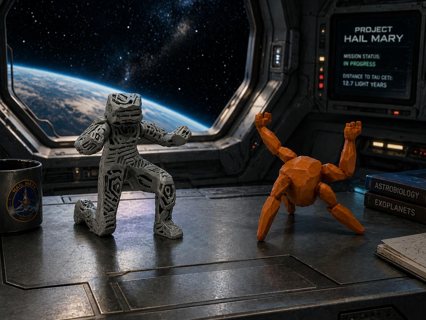 Porta Bolígrafos Decorativos inspiradas en Project Hail Mary – Figuras Rocky y Grace Proyecto Salvación – Colección inspirado en la película Proyecto Hail Mary - Soporte Bolis – Decoración Escritorio