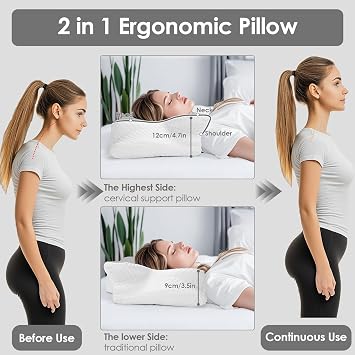 Memory Foam Pillow, Orthopedic Cervical Pillow, Pillows for Neck and Shoulder Pain or Sides, for Sides, Back and Stomach Sleepers - 63 x 41 cm x 9/12 cm