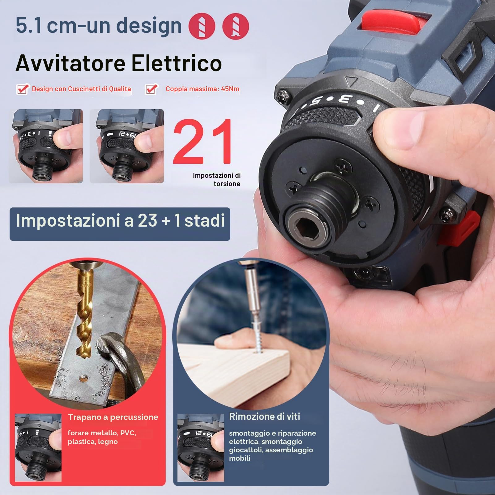Weytoll Trapano Avvitatore Batteria 16.8V, Avvitatore a Batteria con 2 Batterie 1300mAh, Max 45Nm, 23+1 Impostazione Coppia, 2 Velocità, LED Luce per Riparazione