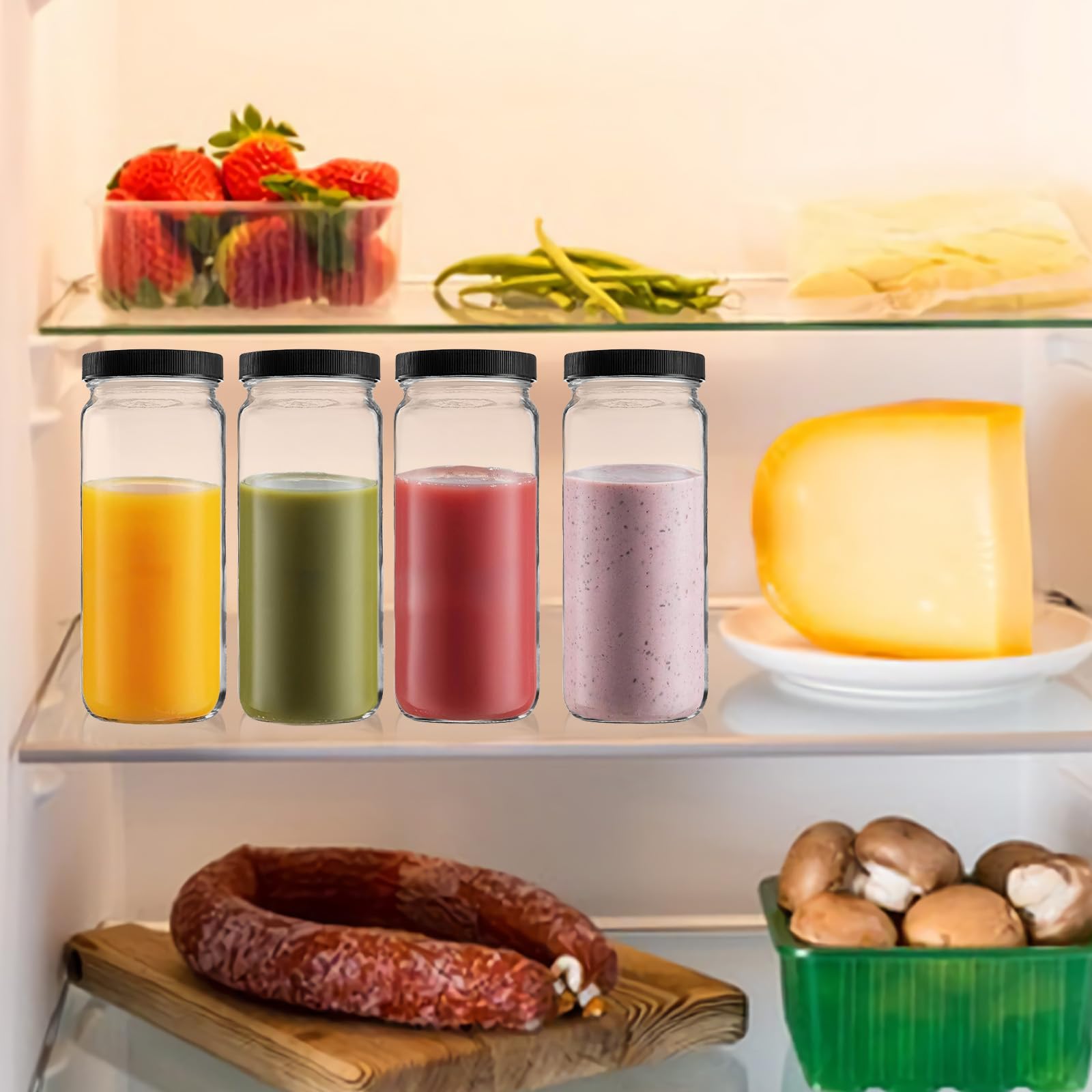 Paquete de 4 botellas de vidrio para jugo, tarros de viaje de 16 onzas, vasos de agua con tapas herméticas negras, tarro alto reutilizable para jugo, té de burbujas, batidos, té, kombucha (negro)