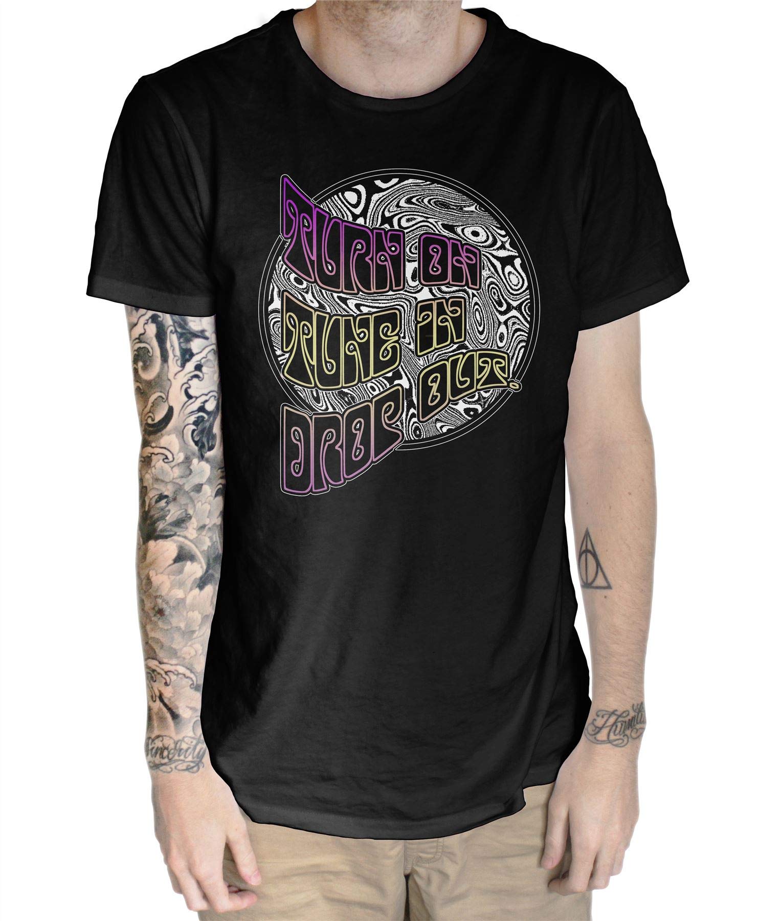 Tribal T-Shirts Men's Black Turn On, Tune In, Drop Out Psychedelic Drug Timothy Leary T-Shirt , ) Extra Large