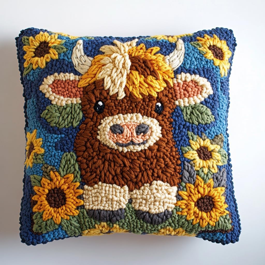 DIY Punch Needle Pillow Kit Cute Highland Cow and Sunflowers with Pattern and Hoop Handmade Embroidery Punch Needle Starter Pillowcase Set for Home Sofa Decor 43x43cm-1-12