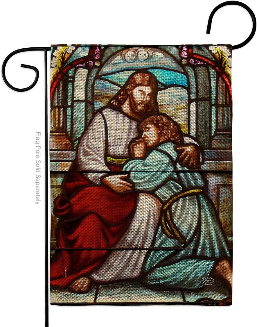 Virgin Mary Blue Burlap Burlap Garden Flag Religious Faith Hope Grace Peace Dove Christian Religion Easter Small Decorative Gift Yard House Banner Double-Sided Made In USA 13 X 18.5