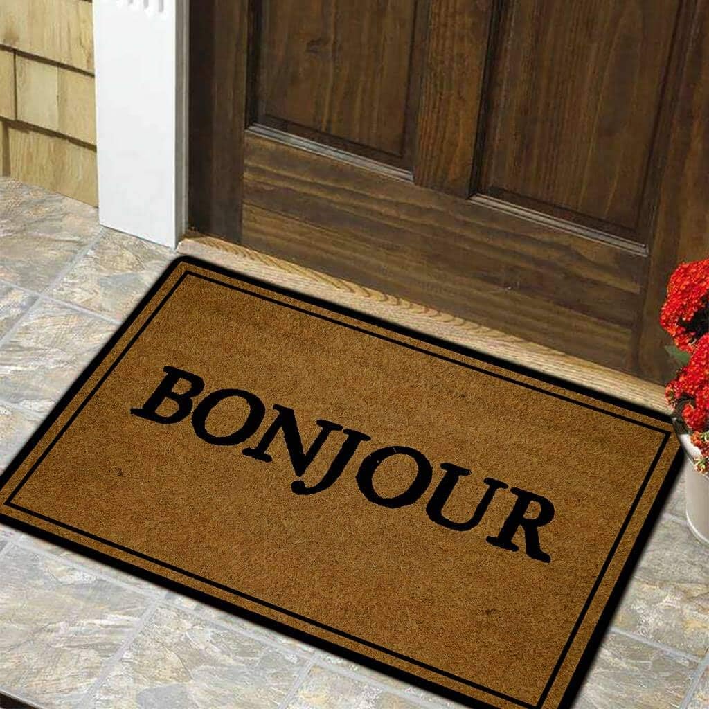 Funny Door Mat Non-Slip Back Rubber Entry Way Doormat Outside | Bonjour | Standard Outdoor Welcome Mat | Patio Home Office Indoor | Non-Woven Fabric 18 Inch x 30 Inch