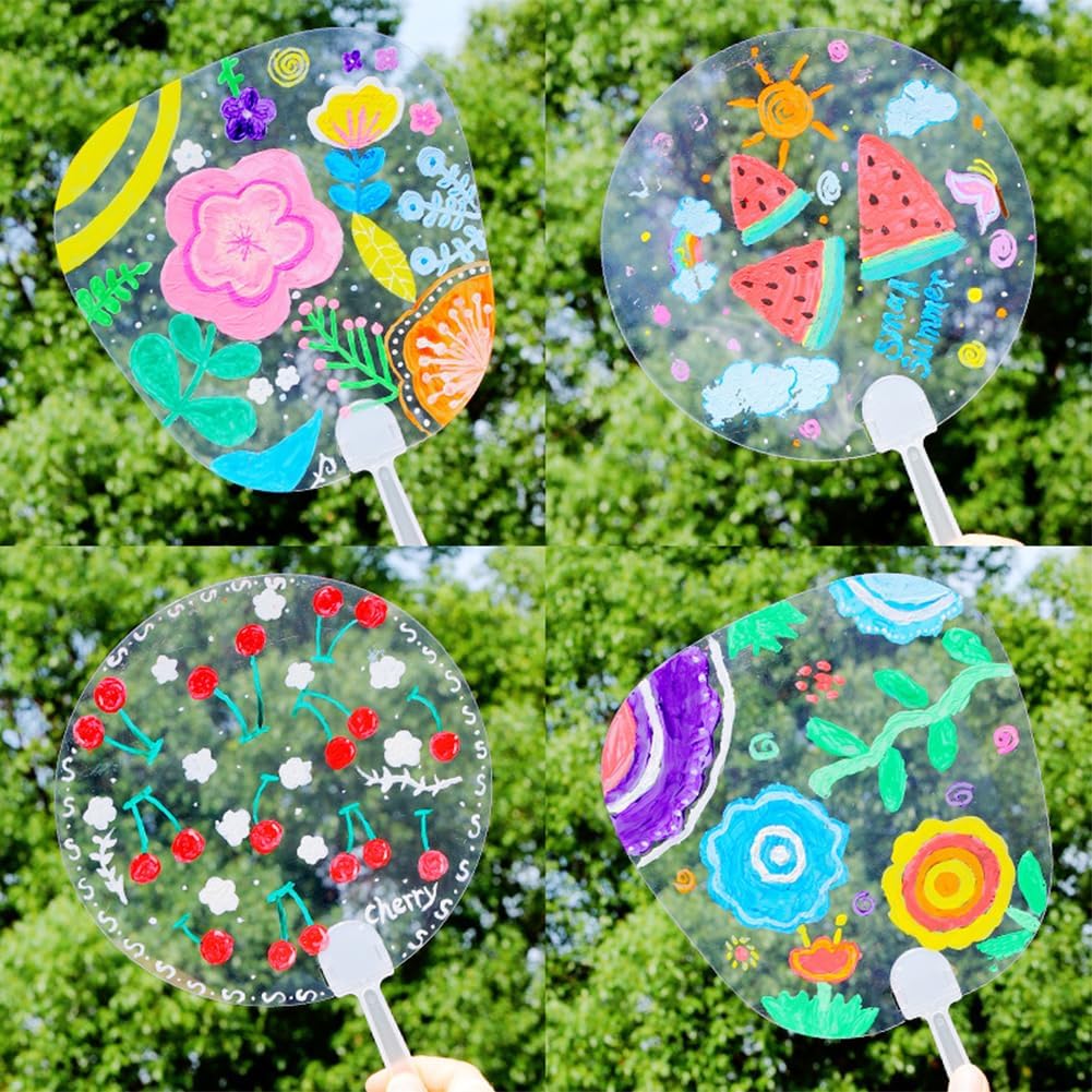 GORGECRAFT 12Pcs 4 Styles Plastic Handheld Fans Blank Pocket Fans Heart Round Trapezoid Flower Shape Fans with Handle for Painting DIY Crafts Summer Decorations Dancing Performance Prop Wall Ornaments