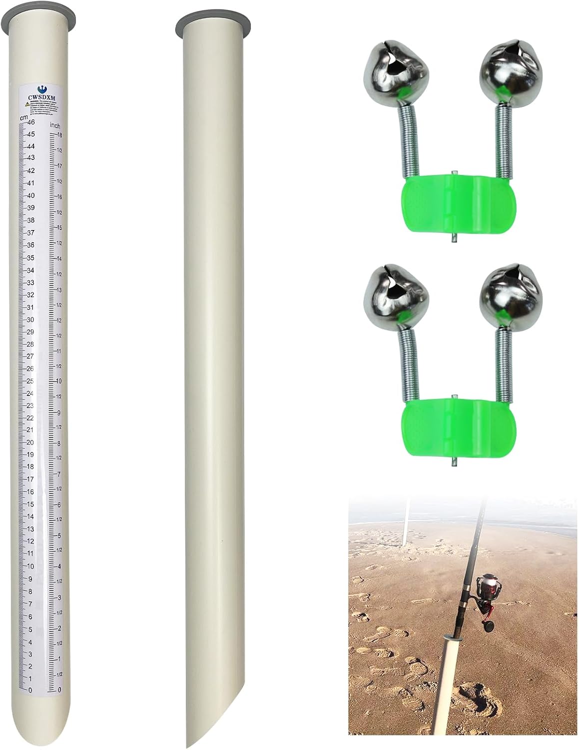 2pcs PVC Fishing Rod Holders, 23'' Tubular Beach Sand Spike for Surf Fishing, 2pcs Alarm Bells for Beaches, Rivers and Sandy Beaches