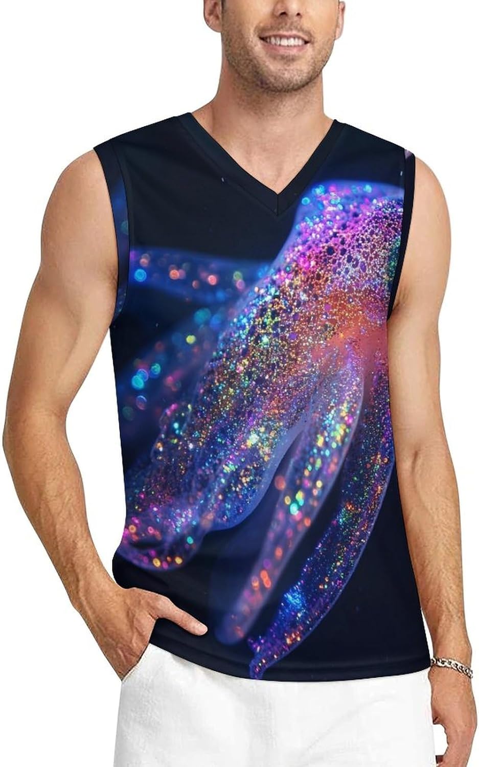 Glitter Squid Men's V-Neck Basketball Tank Top Sleeveless Workout Tank Shirts Gym Fitness Tees Vest