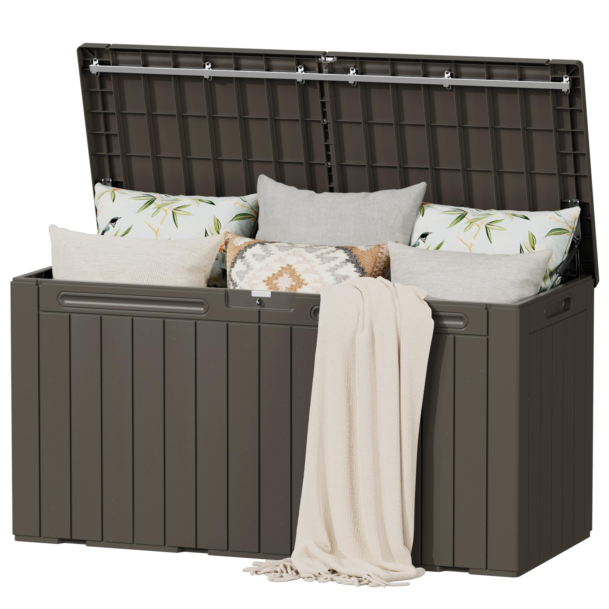 Flamaker Resin Deck Box 100 Gallon Large Lockable Outdoor Storage Box Waterproof Deck Chest for Patio Cushions, Garden Tools, Accessories (Deep Brown)