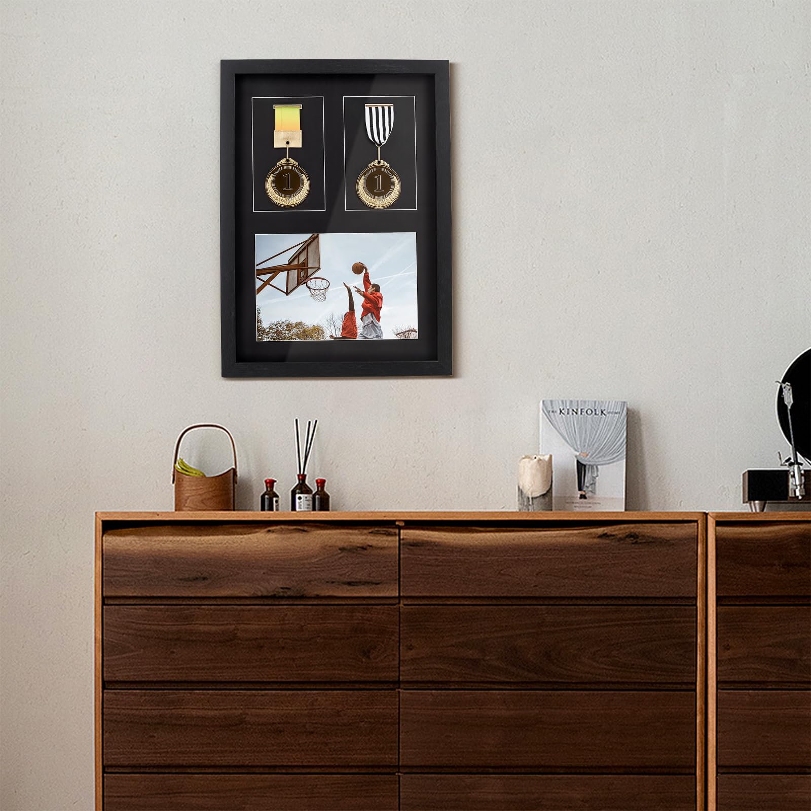 Cadre Vitrine pour Médailles Présentoir Boîte D'Ombre 3 en 1 Boîte de Rangement en Bois de 42x29.5cm pour Les Récompenses des Coureurs Dossards de Course All Sport Winner (Noire)