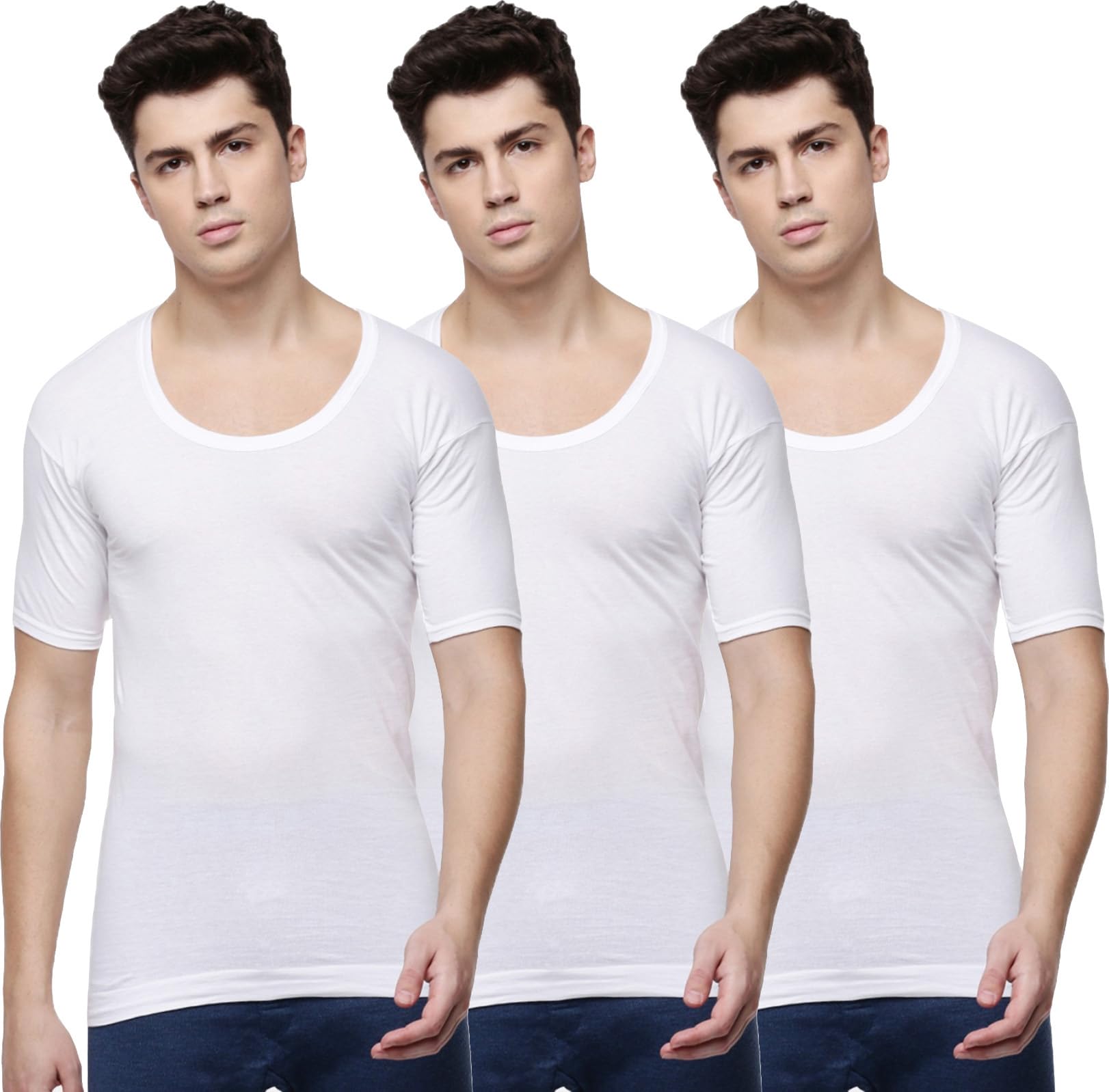 Men's Cotton Plain/Solid Round Neck Half Sleeves Vest - Pack of 3 (Prime-RNS)-image-30