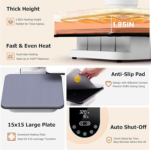 Miniatura 8 de AKEYDIY Prensa de calor de 15 x 15, máquina de prensa de calor automática doble para camisetas, prensa de calor oscilante de 360 con liberación de