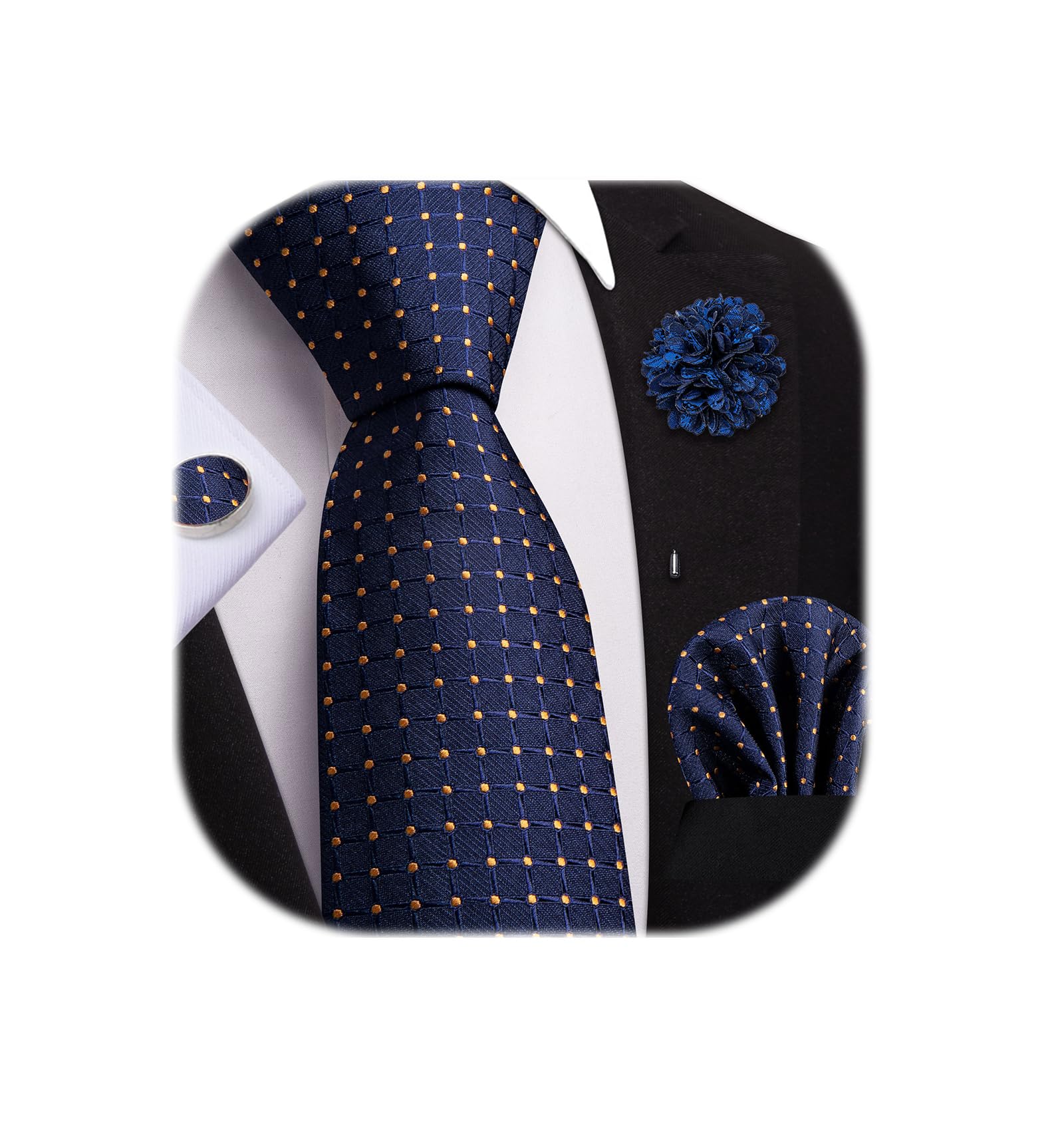 Ties Men's Silk Lapel Pin Checks Necktie Pocket Square Cufflinks Set - Navy Blue, M