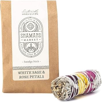 Shamans Market White Sage & Rose Petal Smudge Stick - California White Sage Wrapped with Rose - Cleansing Bundle for Smudging