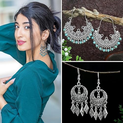 Vista 45 de FASHEWELRY 16 piezas de aretes de turquesa de estilo tibetano, joyería occidental redonda plana, joyería occidental, colgantes de piedras preciosas